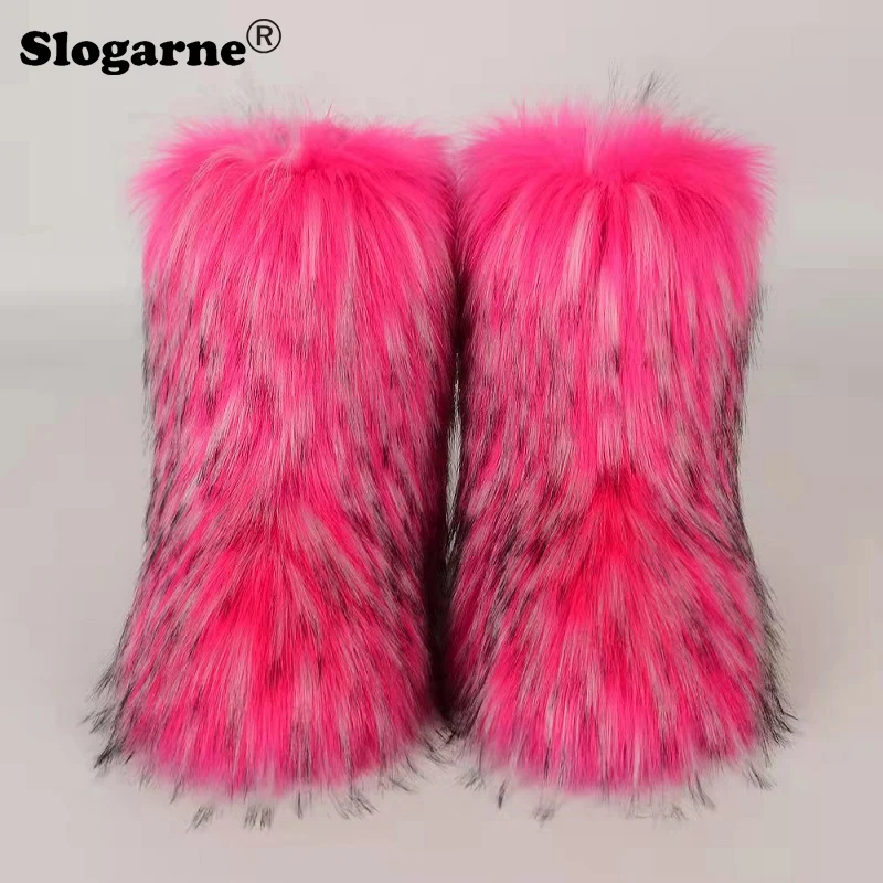 Women's Winter Fluffy Faux Fox Fur Boots Woman Plush Warm Snow Boots Luxury Footwear Girls' Furry Fur Bottes Fashion Winter Shoe