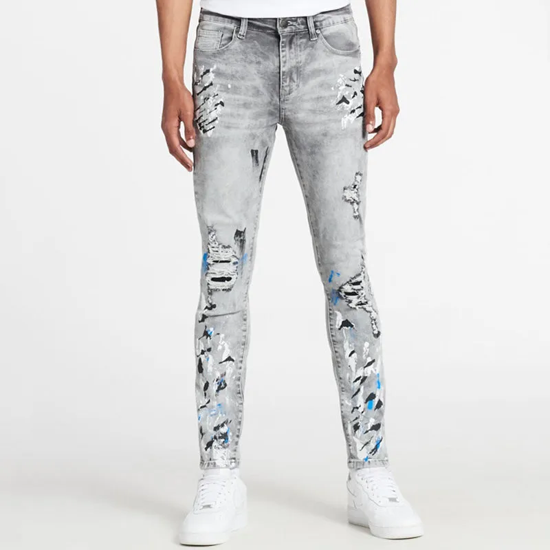 Trend Streetwear Mens Jeans Hip-hop Ripped Tight Fashion Splash-ink Casual Male Trousers Full Length Denim Pants