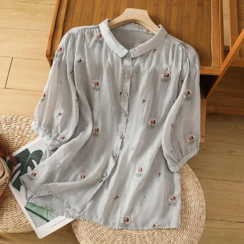 Новинка женская рубашка с вышивкой рами женский летний тяжелый удобный топ в