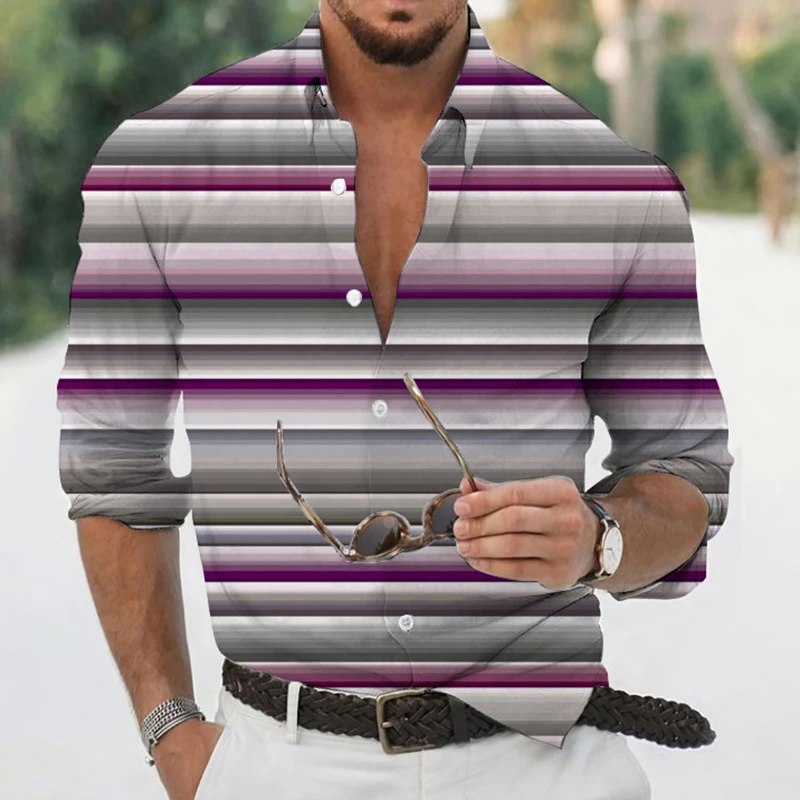 

Рубашка мужская с длинным рукавом, Повседневная блуза из полиэстера, в полоску, с отложным воротником, одежда для осени