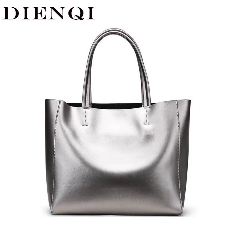 DIENQI Brand Women Genuine Leather Bags Silver Large Female Shoulder Bags Big Ladies Purses And Handbags Designer Tote Bags 2020