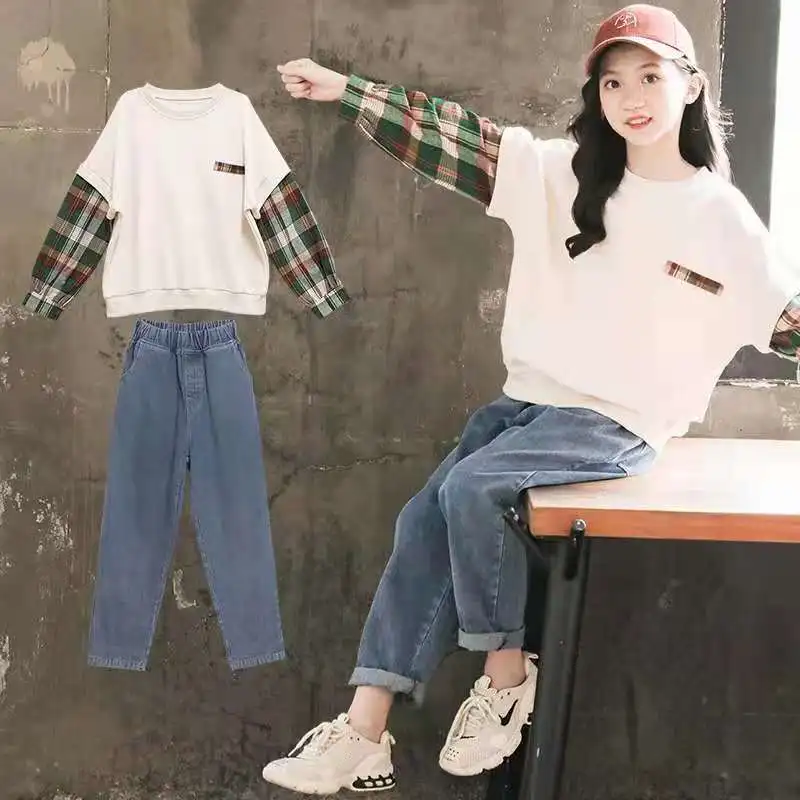 Осенне-зимний комплект одежды для девочек хлопковая толстовка с рукавами в стиле