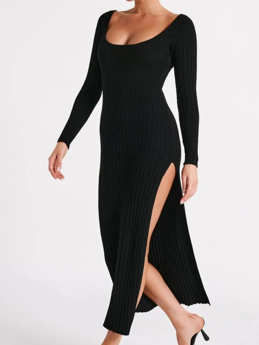 

Женское трикотажное платье средней длины, однотонное облегающее платье в рубчик с квадратным воротником и длинным рукавом, с разрезом, простые элегантные платья, осень 2023