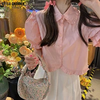 pink white women shirt sweet stylish lace peter pan collar blouse 2022 summer elegant tops sweet office lady chic top
