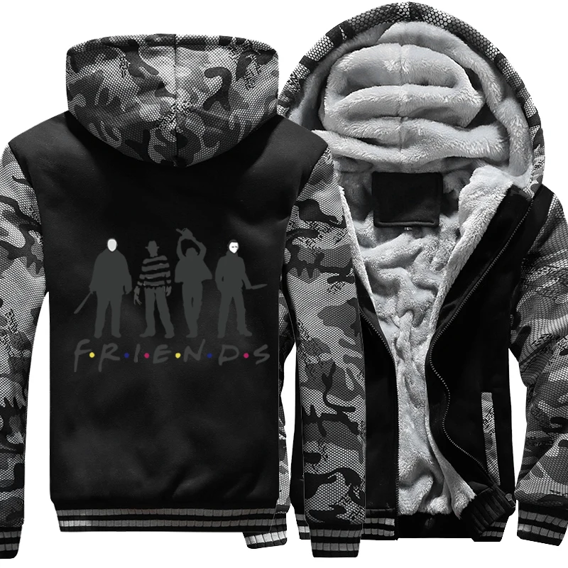 

Horror Friend Jackets For Men Clothing Thicken Winter Camouflage Jacket Fleece Hooded Coat Oversized Hoodies Sweatshirt Zipper