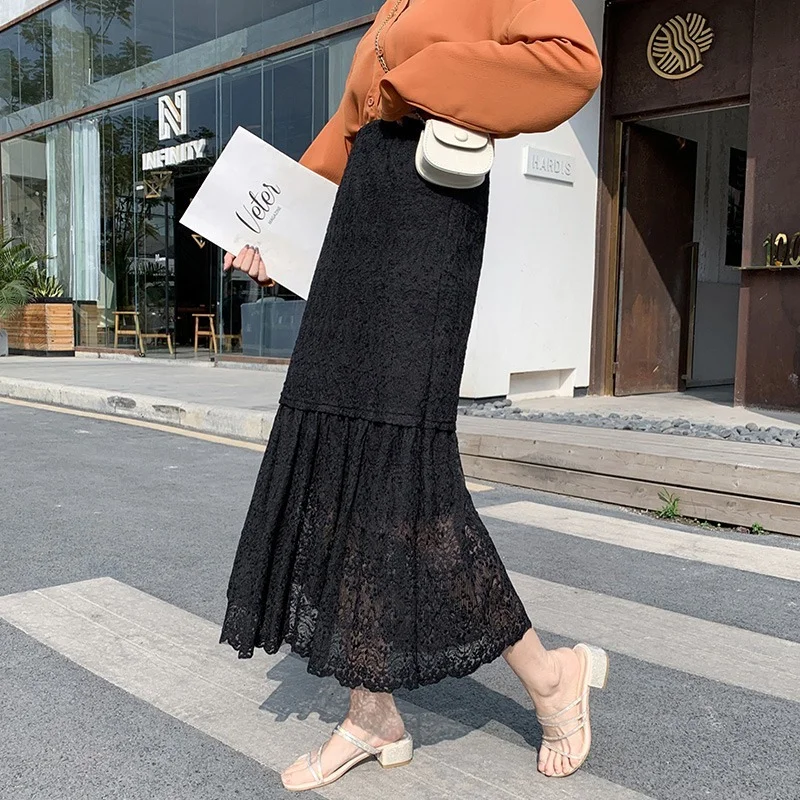 

Spring Elegant Mujer Faldas Japan Korean Cottagecore Hollow Out Solid Long Skirts 2021 Woman A-line Lace High Waist Fairy Skirts