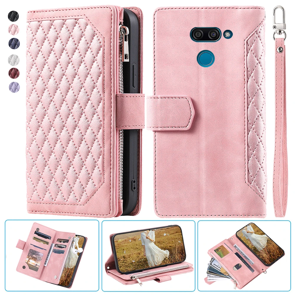 

For LG K50 Fashion Small Fragrance Zipper Wallet Leather Case Flip Cover Multi Card Slots Cover Folio with Wrist Strap