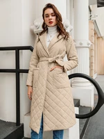 simplee long straight winter coat with rhombus pattern casual sashes women parkas deep pockets tailored collar stylish outerwear