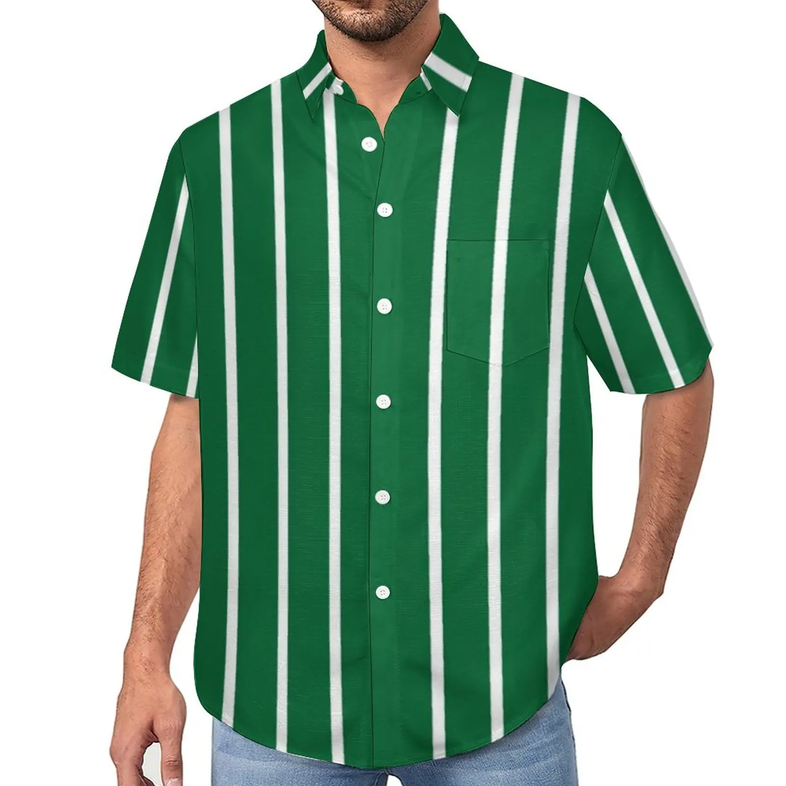 

Green And White Striped Loose Shirt Men Vacation Vertical Lines Print Casual Shirts Hawaiian Short Sleeve Y2K Oversize Blouses