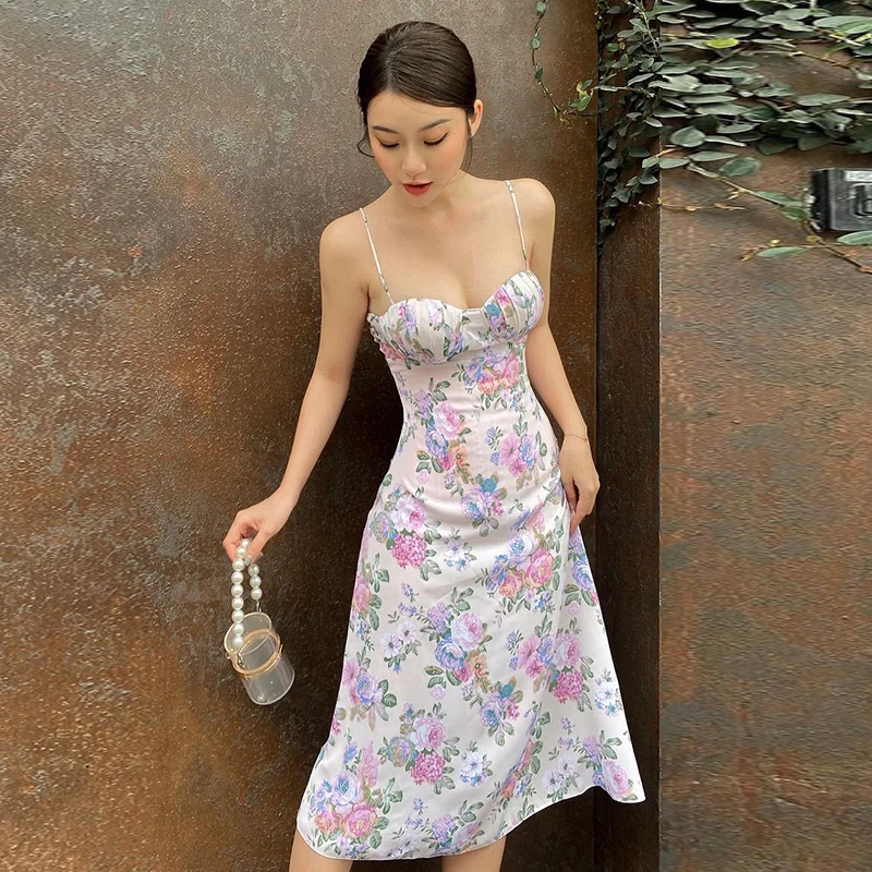

Y2k Fashion Women Sling Dress Spaghetti Straps Low-cut Flower Print Summer Midi Dress for Party Vacation Streetwear Beach Dress