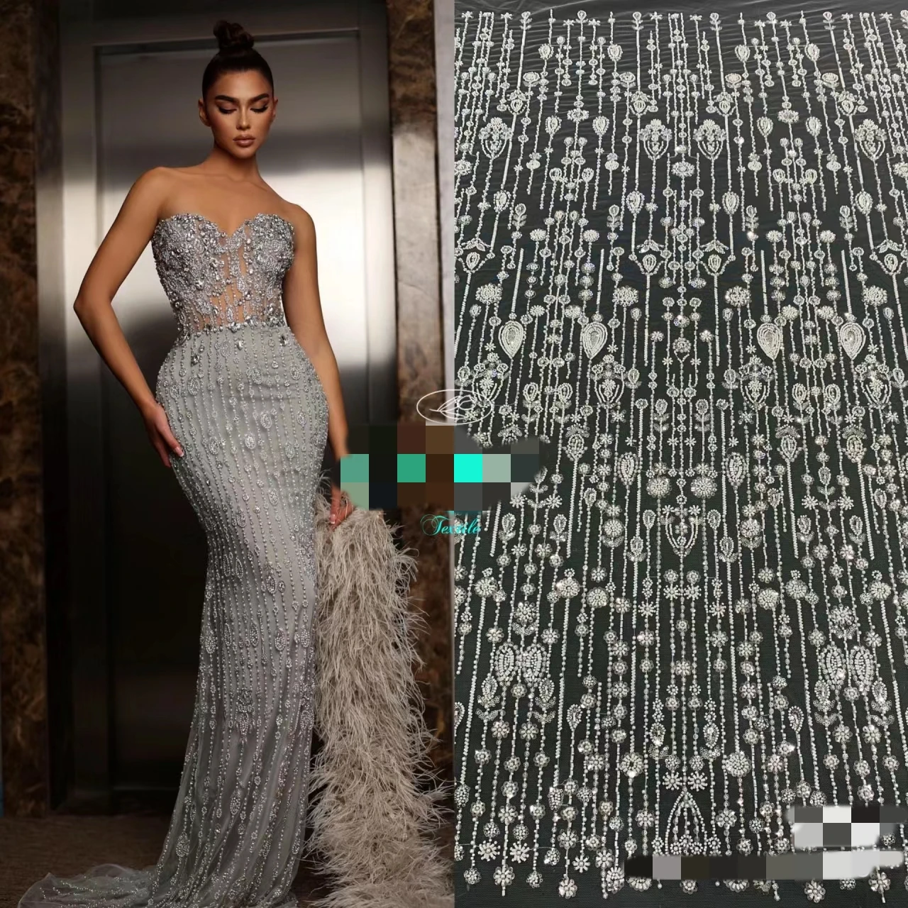 

Luxury Beading Lace Fabric Silvery Beads Embroidery Lace for Wedding Dress Evening Gowns 2024 NEW Designer Sewing Fabrics