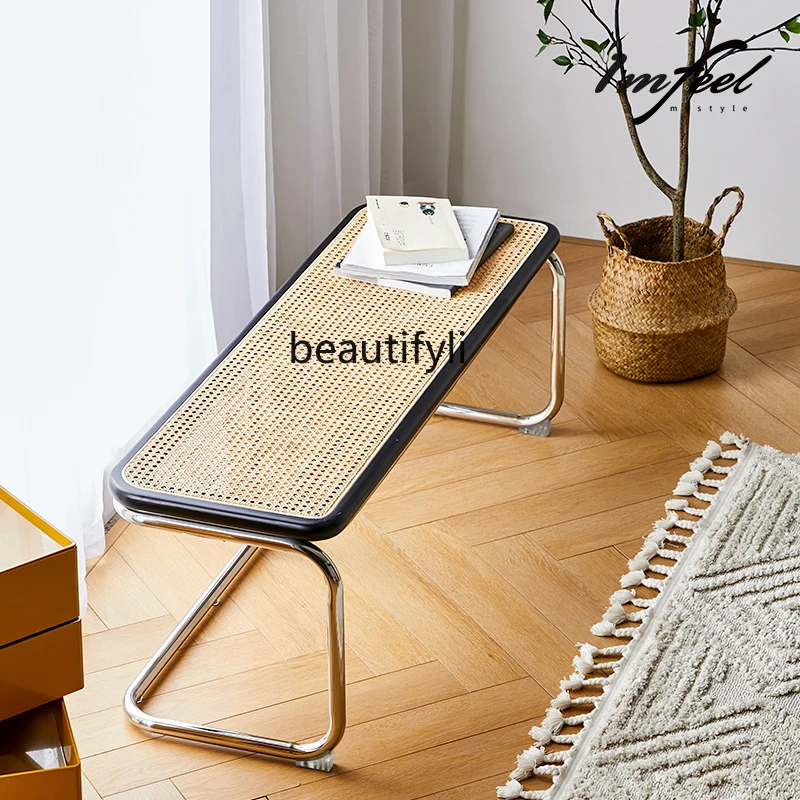 

zq Nordic Rattan Bed End Stool Modern Minimalist Metal Leisure Bed Stool Household Hotel Bedroom Bench