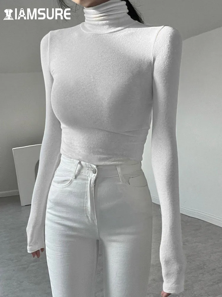 

IAMSURE Korean Style Casual Solid T Shirt Slim Turtleneck Long Sleeve Tees Women 2023 Autumn Winter Fashion Ladies Streetwear