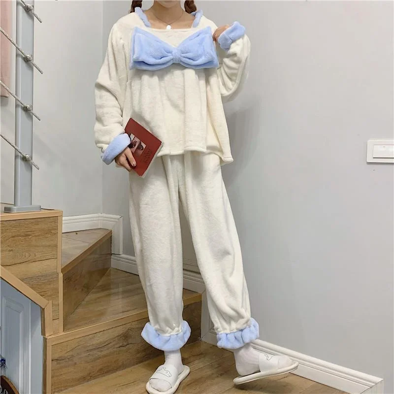 Sweet Pajamas Set Lace Bow Cute Sleepwear For Women Pyjama Women's Flannel Full-Sleeve Fashion Princess Style Homewear Plus Size