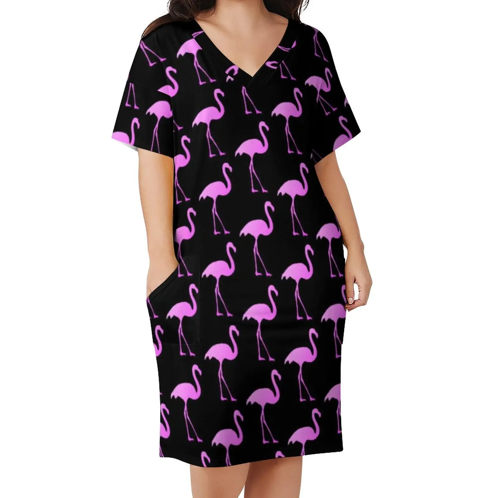 

Pink Flamingo Bird Dress V Neck Cute Animal Print Stylish Dresses Female Korean Fashion Casual Dress With Pockets Plus Size 5XL