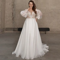 plus size wedding dress 2022 illusion v neck sequins applique sexy wedding gown a line buttons long sleeves modern bridal dress