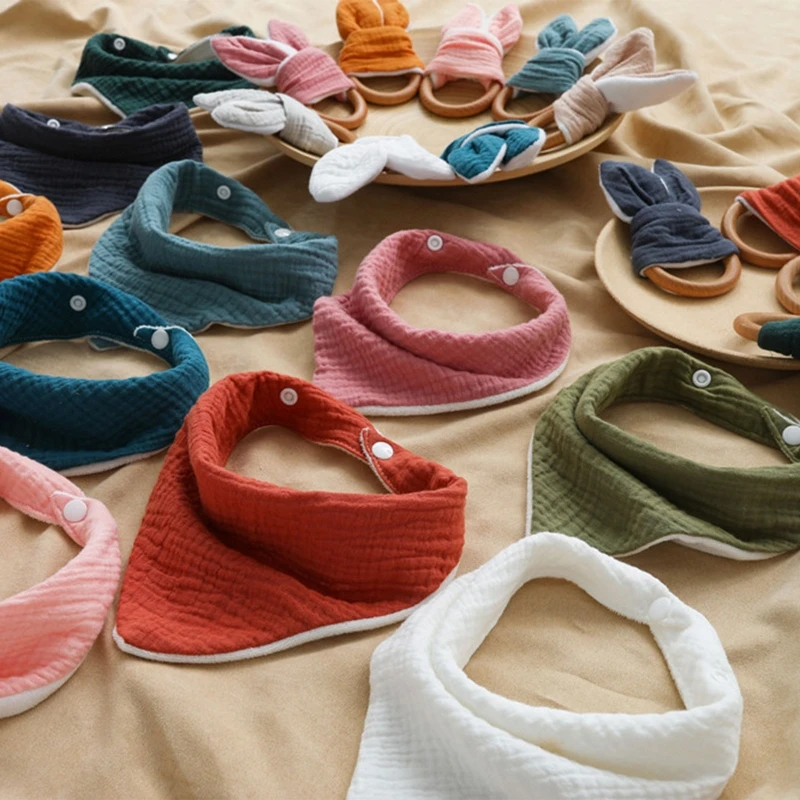 

2 Pcs Baby Bib Wooden Ring Teether Muslin Saliva Towel Burp Cloth Teething Toy