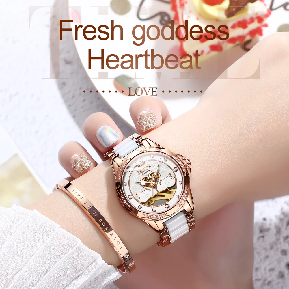 TAXAU Brand JSDUN Mechanical Watch for Women Stainless Steel Ceramics Strap Elegant Ladies Wristwatch Sapphire Femme Watches