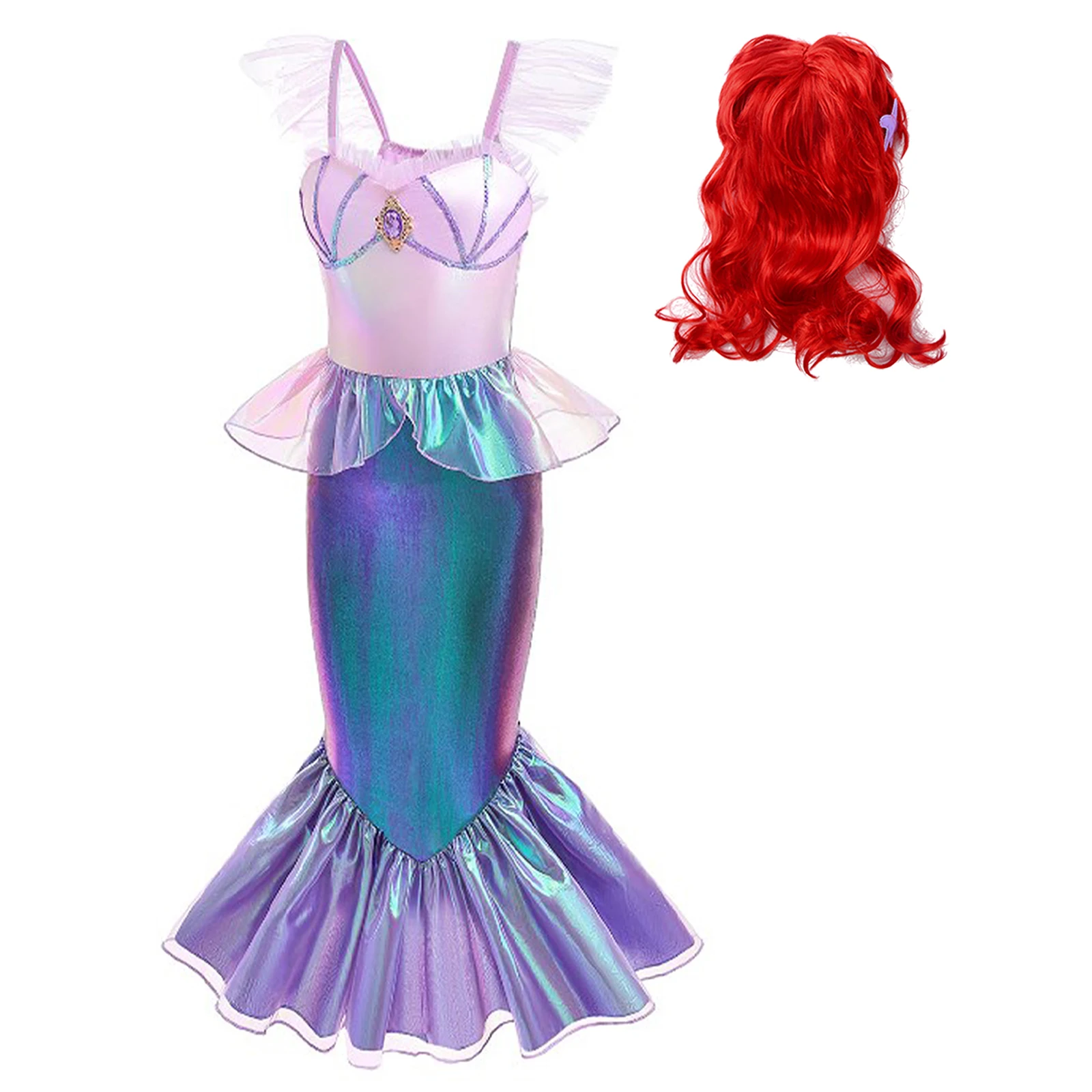 

2023 Kids Girls Mermaid Cosplay Costume Set Flutter Sleeve Ruffled Waistline Glossy Fishtail Dress with Starfish Wig Halloween