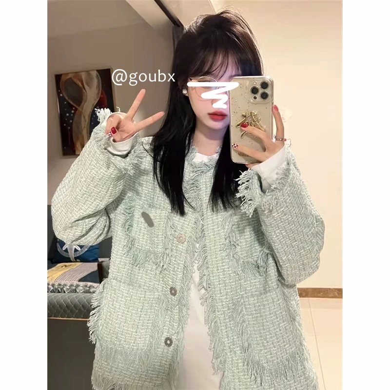 

New Fashion Korean Chic Vintage Tweed Woolen Jacket Coat Women Autumn Single Breasted Plaid Tassel Office Lady Outwear