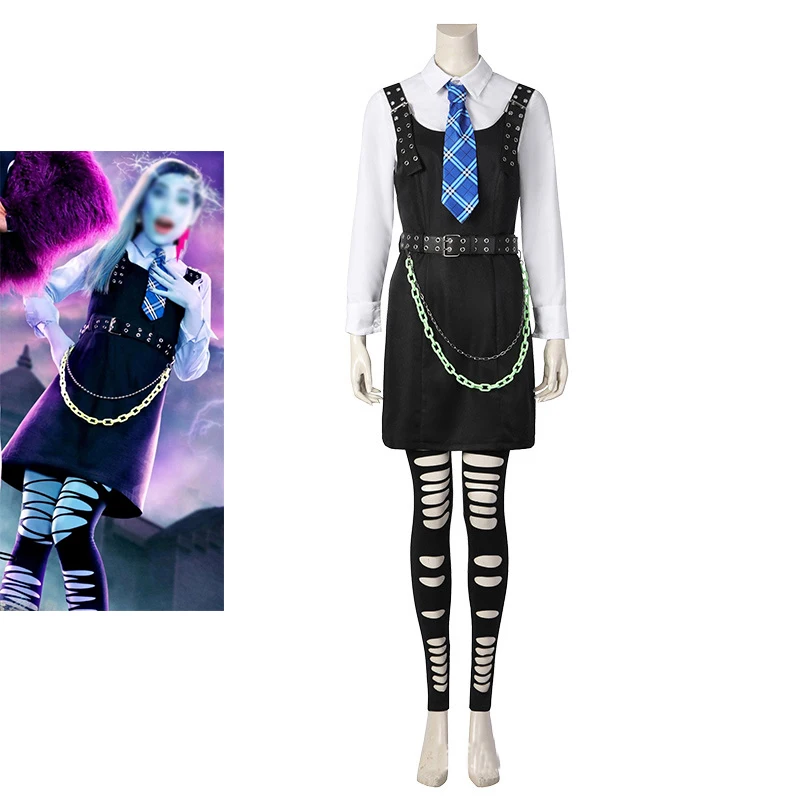 Live Action Frankie Stein Косплей Костюм Женское Черное Платье Рубашка Леггинсы Полный