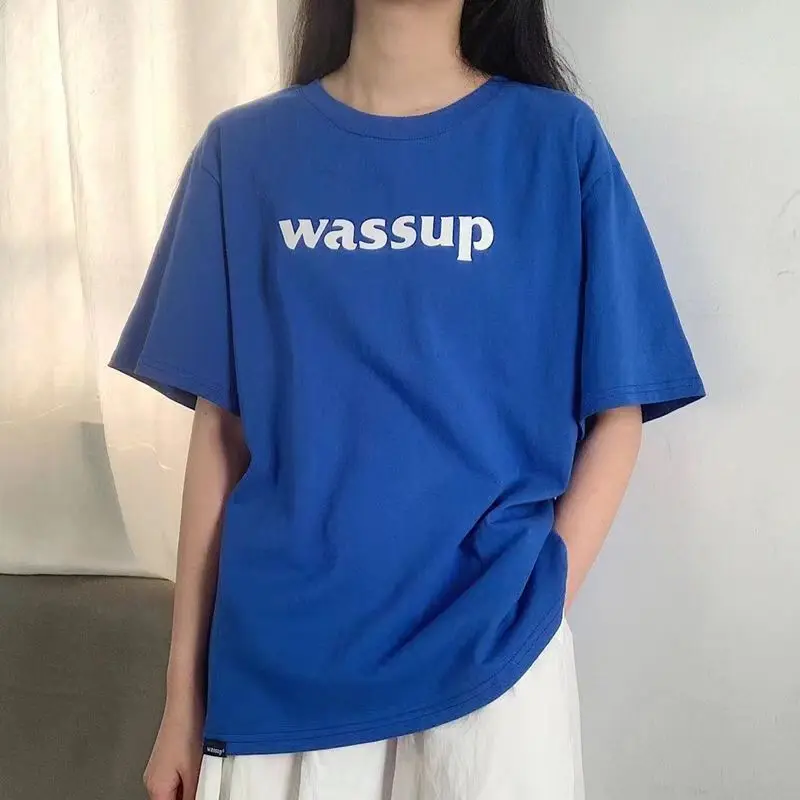 

DAYIFUN Klein Blue T-shirts Women's Summer Letter Print Short Sleeve O Neck Tshirt Women Korean Mid-length Loose Versatile Tops