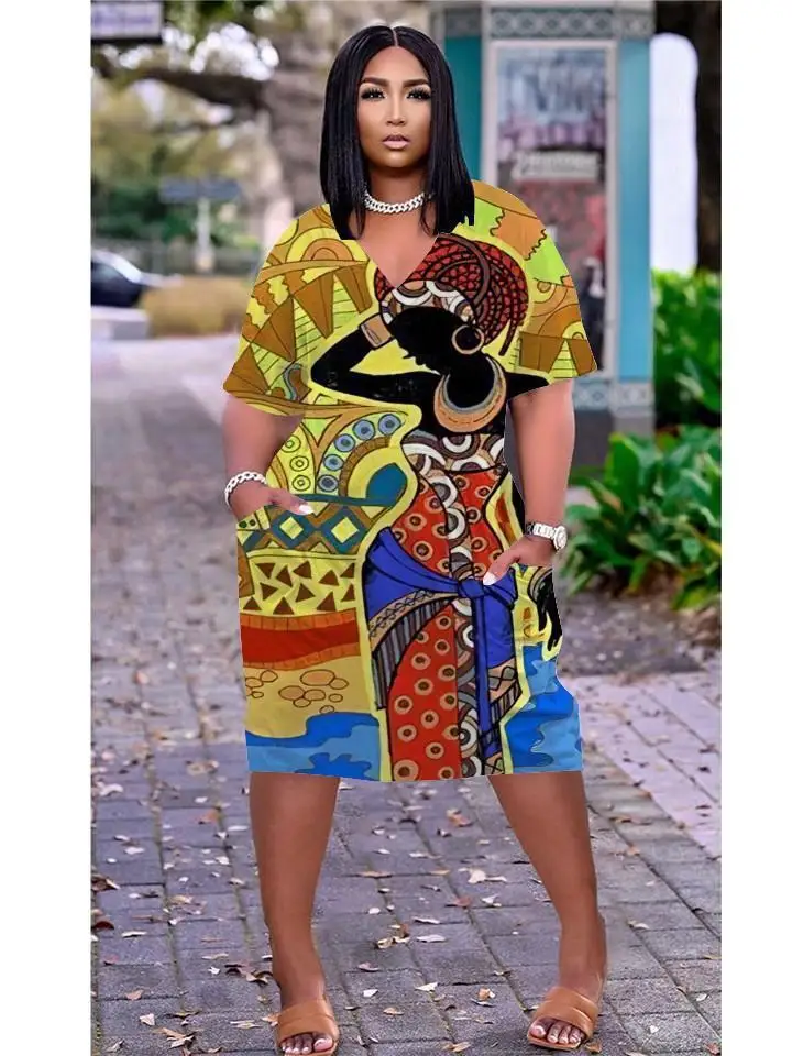 

Native Africa Women Print Dress Midi Bohemian Beach Dresses Pocket Sexy Party Dress Elegant Summer Vintage Sundress V-Neck Beach