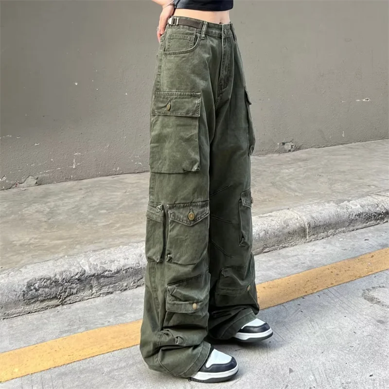 

Loose Straight Leg Long Pant Muliti Pocket y2k pants low waist camo green black white summer cargo trouser harajuku streetwear