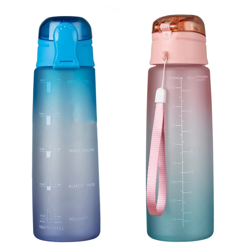 

2X 32 унции бутылка для воды для фитнеса с маркером времени, не содержит Бисфенол А, большая емкость, кувшин для воды с градиентом, синий и град...