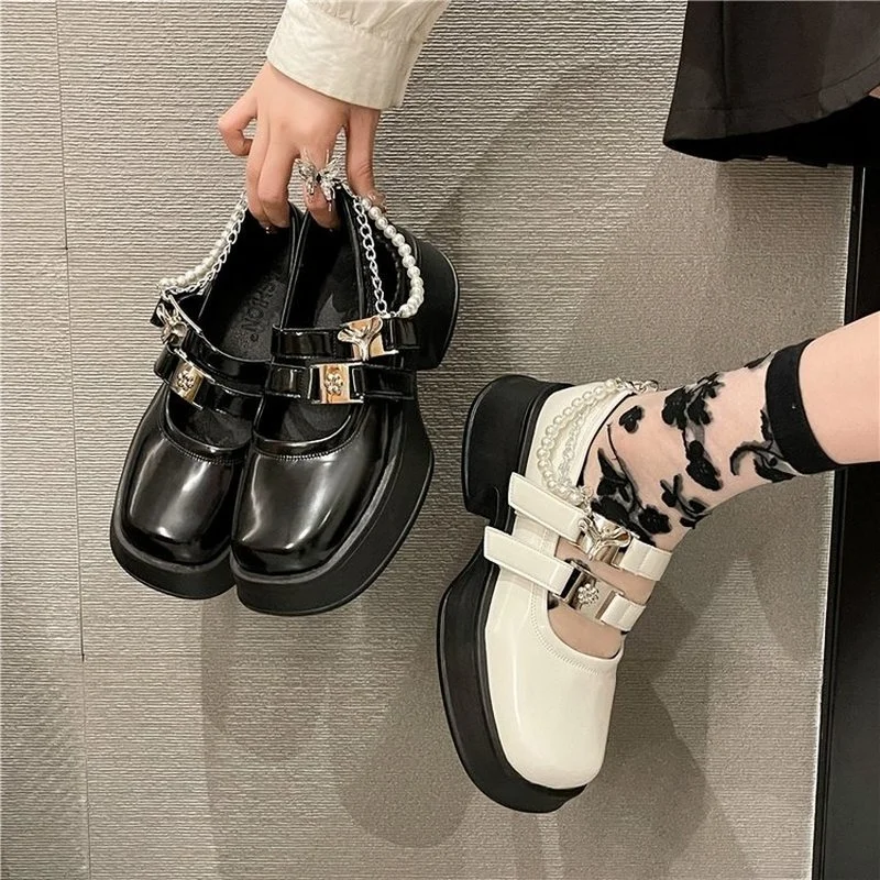 Spring Autumn Pearl Chain Lolita Shoes Buckle Mary Janes Shoes Leather Shallow Woman Flats Girls Platform Shoes Zapatos Mujer