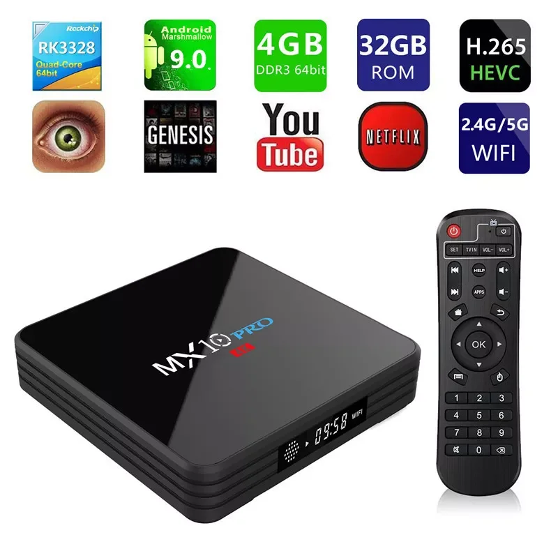 

MX10 Pro Smart TV Box Android 9.0 Quad Core 4GB 32GB 4K HDR Smart Set top Box 2.4G/5G WIFI USB 3.0 Bluetooth Media Player MX10