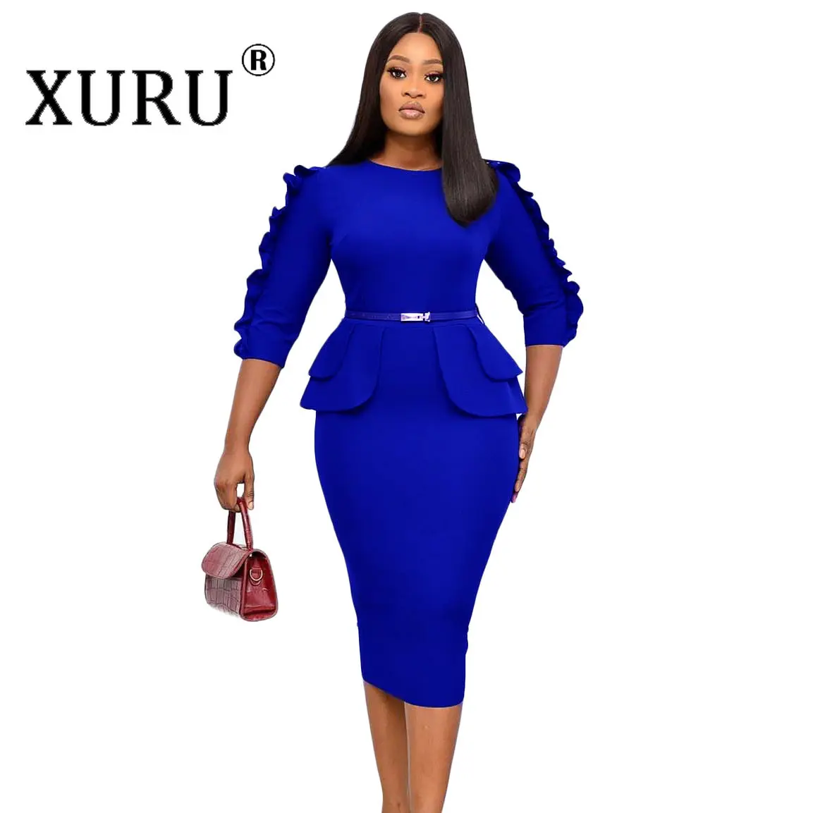 

Женское платье с рукавом 2023 и поясом, с круглым вырезом