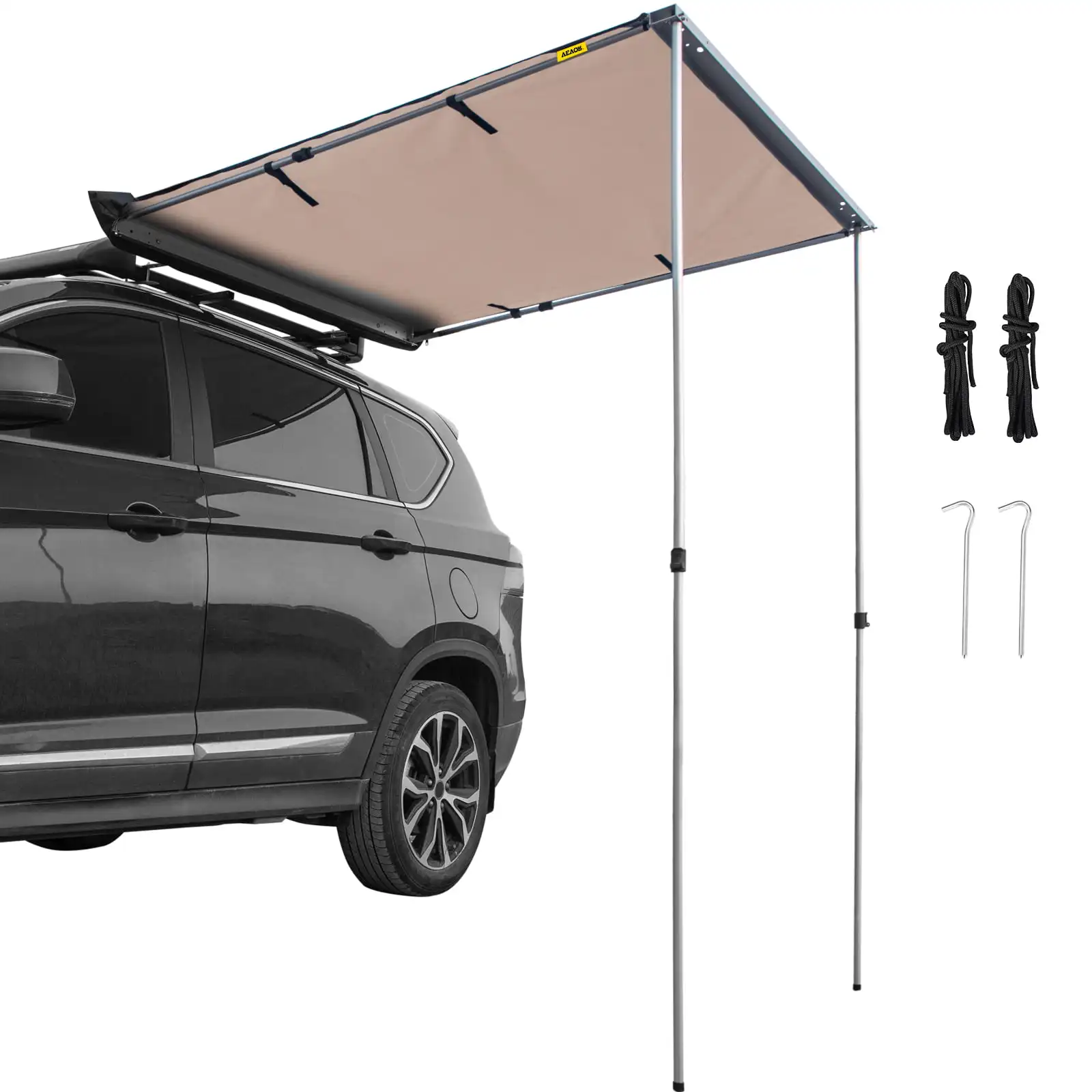 "Khaki 5'x6.5' Pull-Out Retractable Vehicle Awning - Waterproof UV50+ Car Side Awning with Telescoping Poles