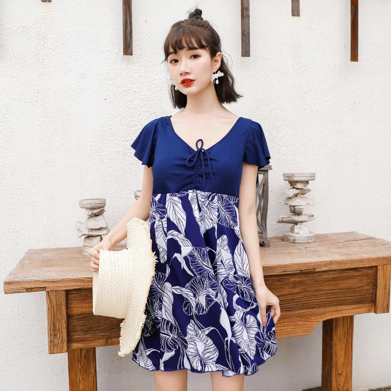 Swimsuit Women's Conservative One-piece Skirt-style Belly-covering Short-sleeved Plus Fat Size Fat Mm Middle and Old Age