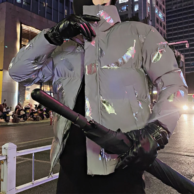 2022 Winter Reflective Print Men Puffer Parkas Thickened Warm Jackets Hiphop Overcoat Casual Social Windproof Coat Men Clothing