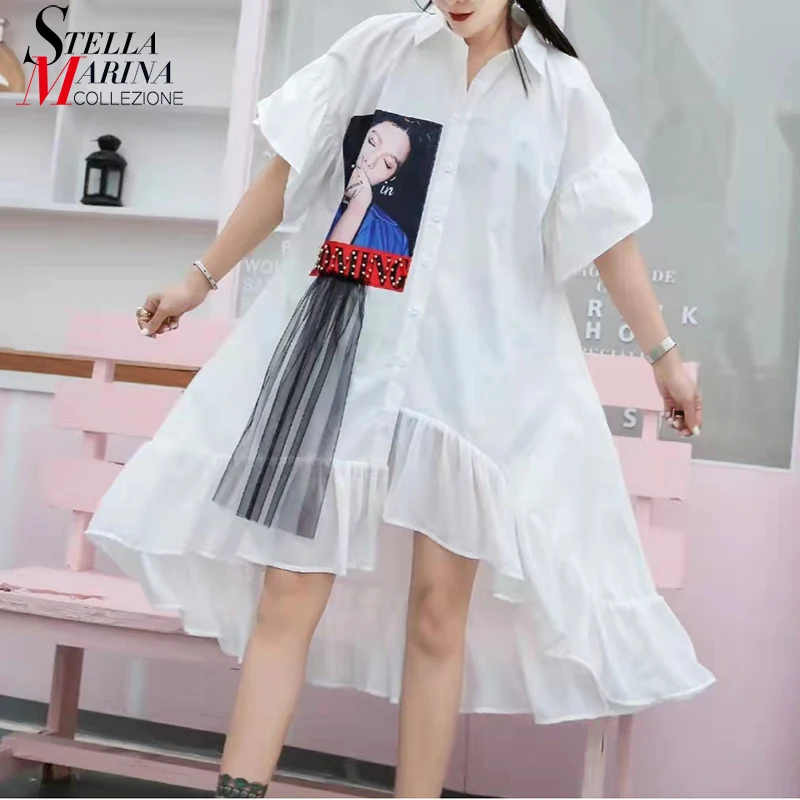 

New Short-Sleeve Woman Summer Casual Wear Black White Dress Printed Patch Long Back Design Ruffles Hem Girls Cute Dress MWW1010