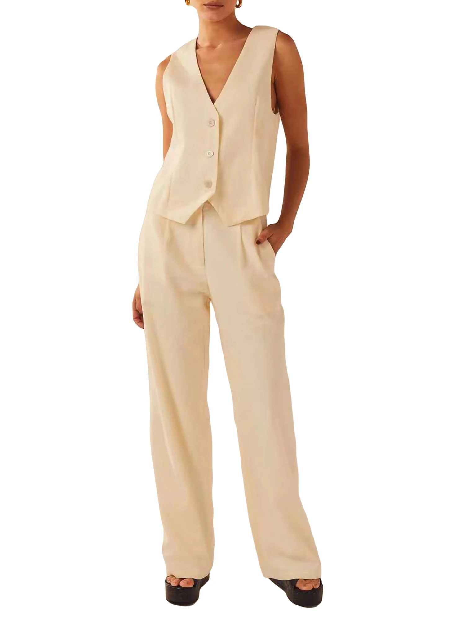 

Women Vest Sleeveless V Neck Solid Color Button Vest Outwear Gilet for Casual Street (Khaki L)