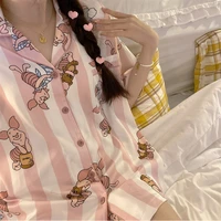anime disney winnie the pooh piglet pajamas cartoon womens cute casual cardigan summer short sleeved shorts homewear set girls