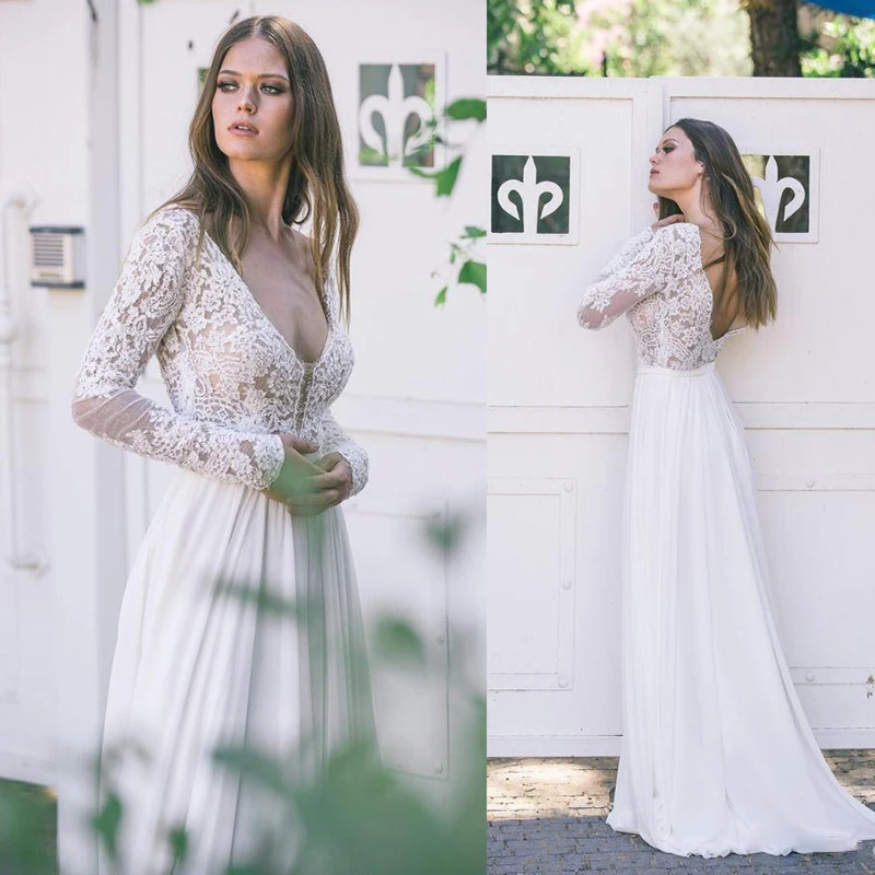 

QUEEN Bohemian Style Wedding Dress Long Sleeve V-neck Backless With Lace Vestidos De Noiva Custom Made For Women2022 Bridal Gown