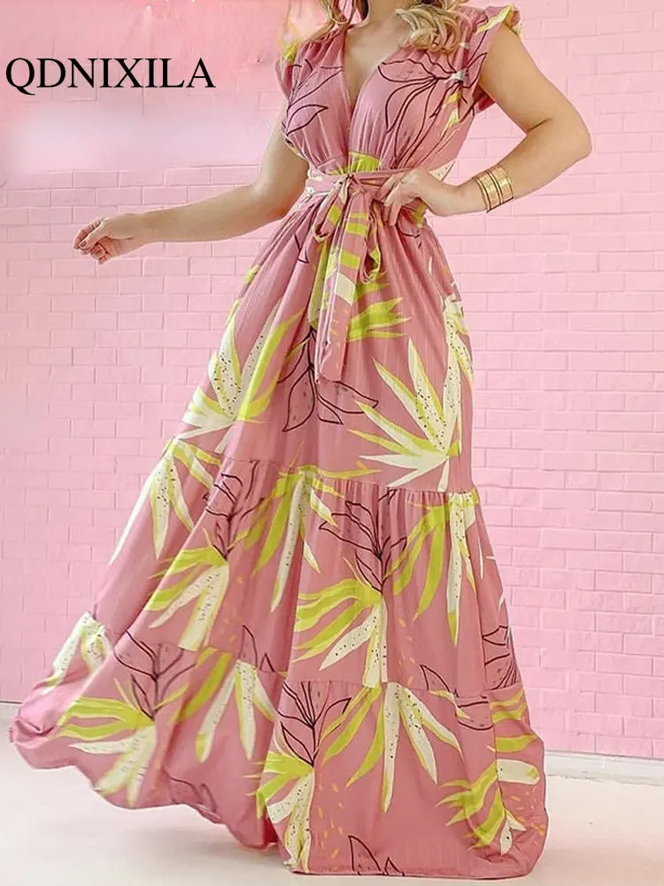 

Женское платье Лето 2023 Новинка V-образный вырез с высокой талией с принтом на шнуровке богемное пляжное праздничное элегантное и красивое женское платье