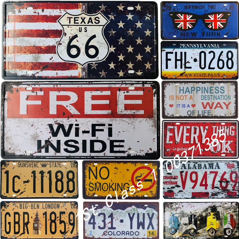 

Vintage Metal Tin Signs Coffee Free Wifi Route 66 Motor Plaques Car License Plate Bar Pub Garage Home Wall Decor Poster 15x30cm