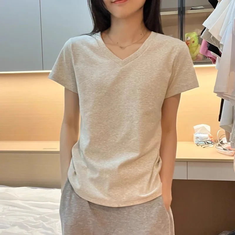 Футболка Gyaru женская с V-образным вырезом облегающий короткий базовый хлопковый