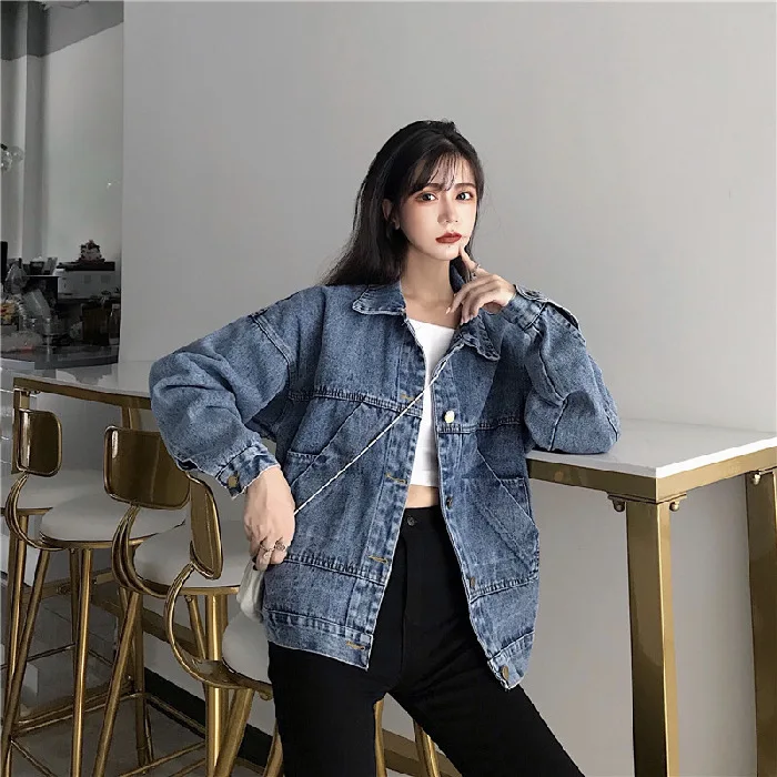 Autumn Winter New Women Denim Jacket Fashion Design Large Pockets Single Breasted Casual Loose High Street Retro Lapel Coats