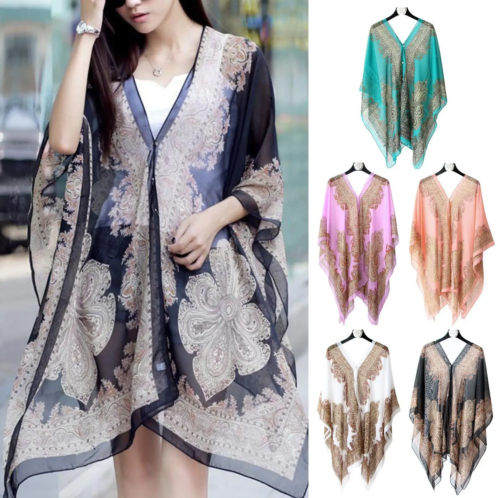 

Woman Chiffon Blouse Fashion Women Scarf Shawl Printed Soft Sun Shawl Loose Shawl Protection Tops Bikini Cover Beach Sunscr R2K4