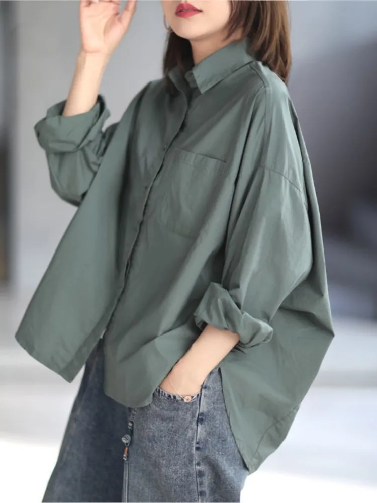 

Cotton Women Casual Shirt Solid Color Autumn Vintage Blouse Long Sleeve Women Top Loose Women Overshirt 3 Colors M-3XL