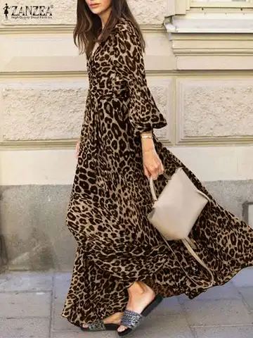 Винтажные женские леопардовые платья ZANZEA с длинным рукавом, Осенний сарафан, Модное Длинное Платье-макси, женское платье с V-образным вырезом и принтом