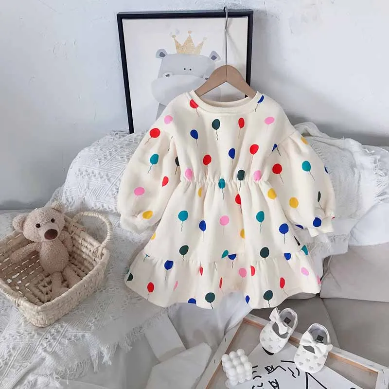 

Girls Princess Dress Girl Spring Autumn Korean Version Of The New Color Balloon Love Round Neck Dresses 3-7 Years Baby Clothing