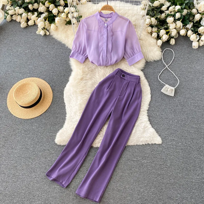 

2022 Women Two Piece Set Ruffle Shirt Office Lady Puff Short Sleeve Blouse Chic Summer Long Trousers Pants Workwear Business Set
