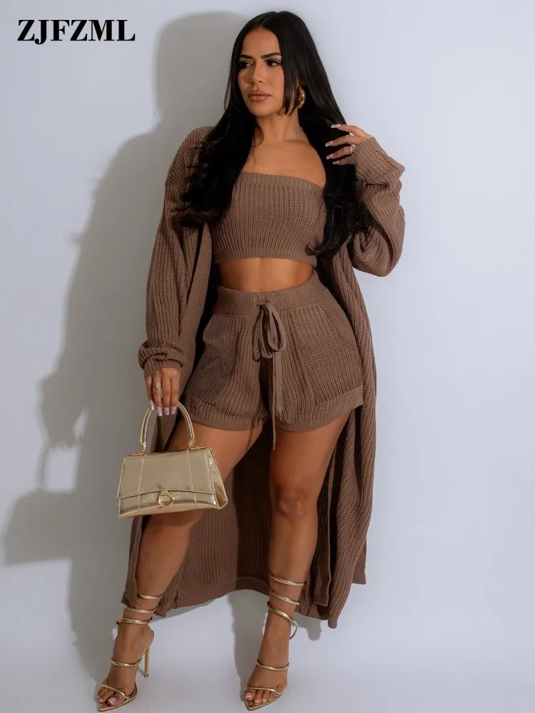 

Женский Повседневный комплект из 3 предметов, укороченный топ + шорты с высокой талией + Кардиган с длинным рукавом, Осень-зима