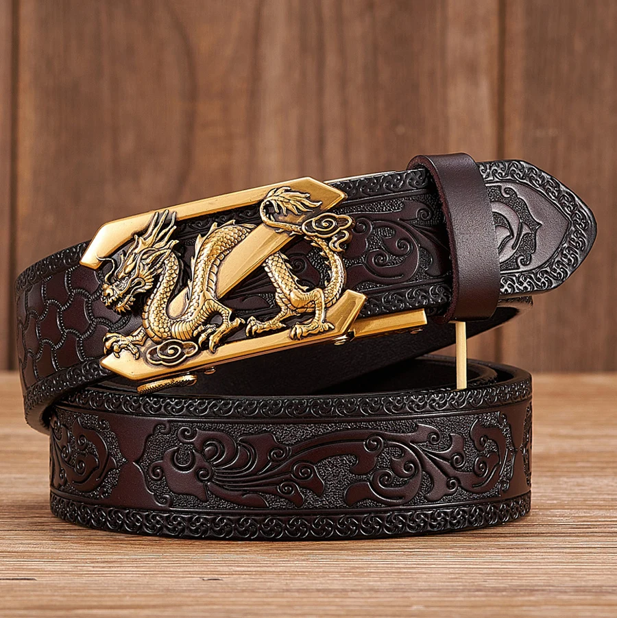 for Men Business Cowhide Genuine Leather Belt Dragon Pattern Automatic Buckle Strap 3.5cm Fashion Embossing Retro Male Belts